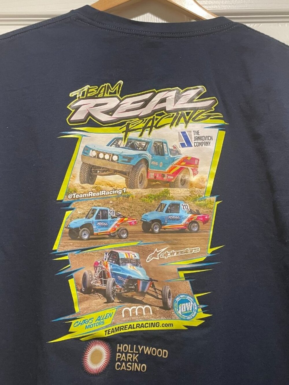 Team Real Racing Graphic T-Shirt Men's Size XL Navy Blue Hollywood Park Casino